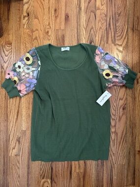 Sapphire Green Knit Top with Floral Sheer Puff Sleeves Small S NWT